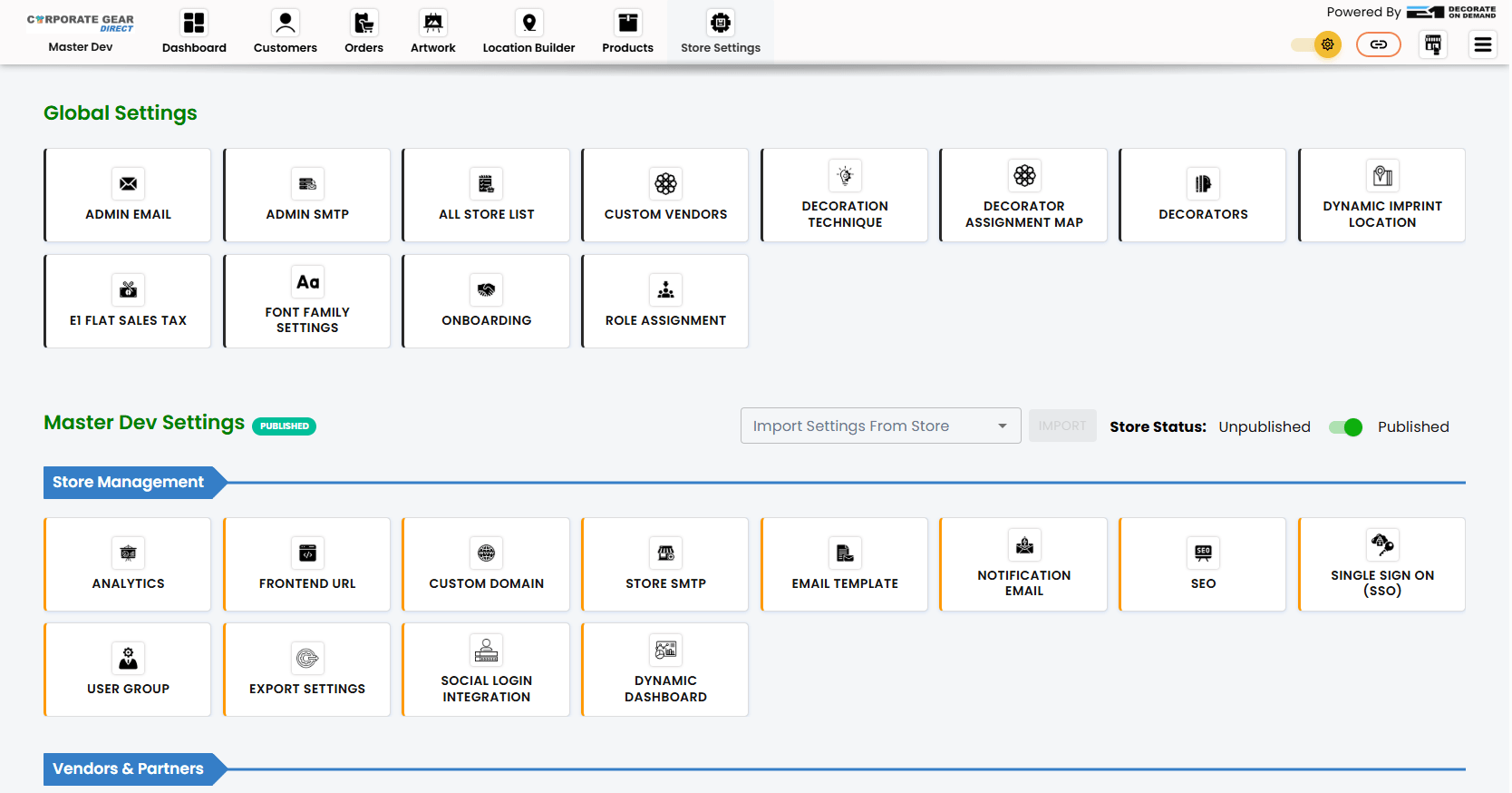 Store Settings panel
